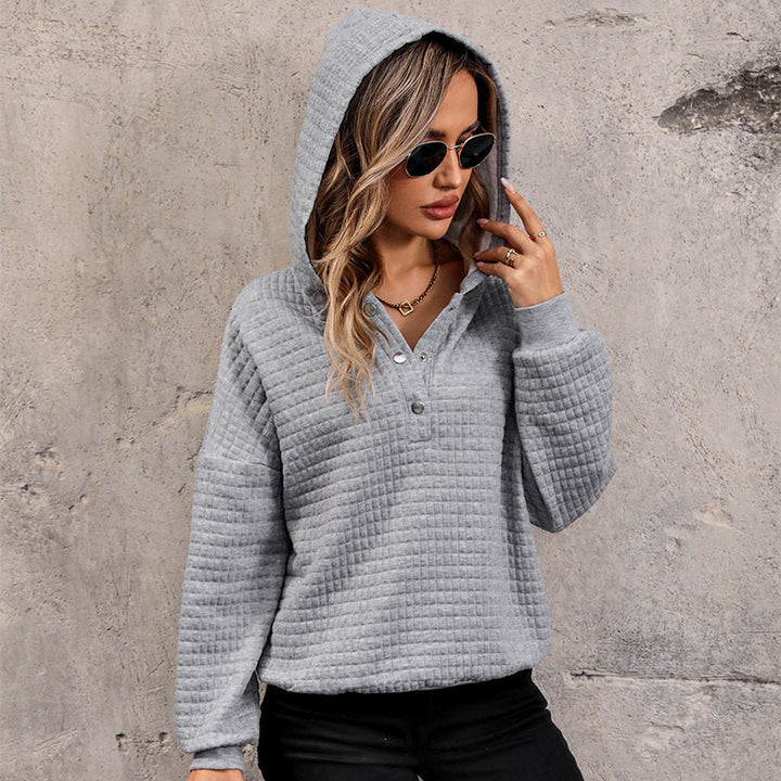 Damen Gestepptes Waffelstrick-Henley-Hoodie mit Druckknopfleiste Echoarchiv