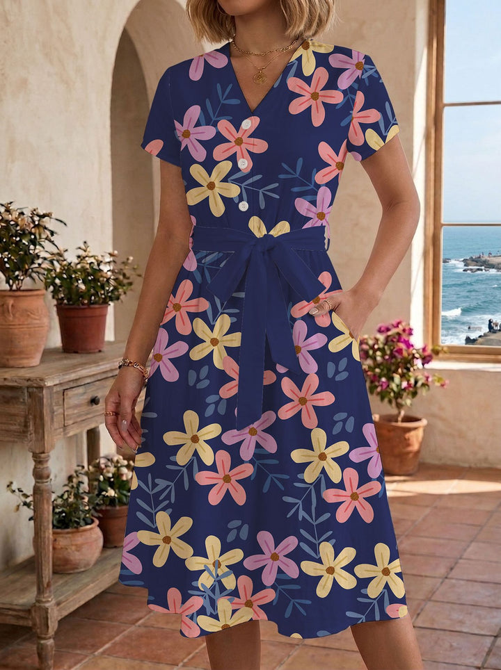 Damen lässiges Maxikleid mit taillierbarem Knoten und dekorativem Karomuster Echo Archiv