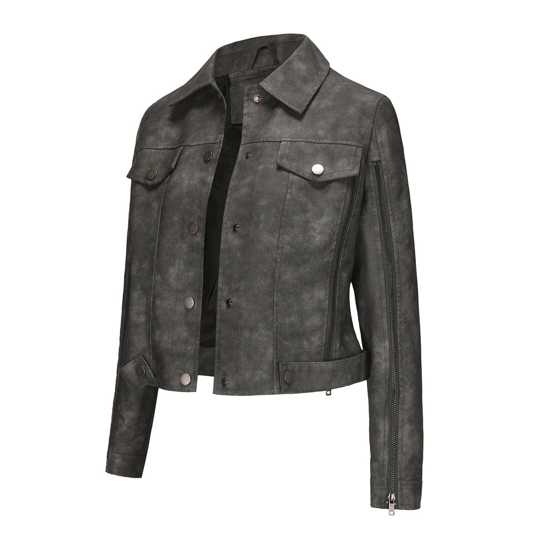 Damen nan kurze Cropped-Truckerjacke aus Wildlederoptik mit seitlichen Reißverschlüssen und aufgesetzten Brusttaschen Echo Archiv