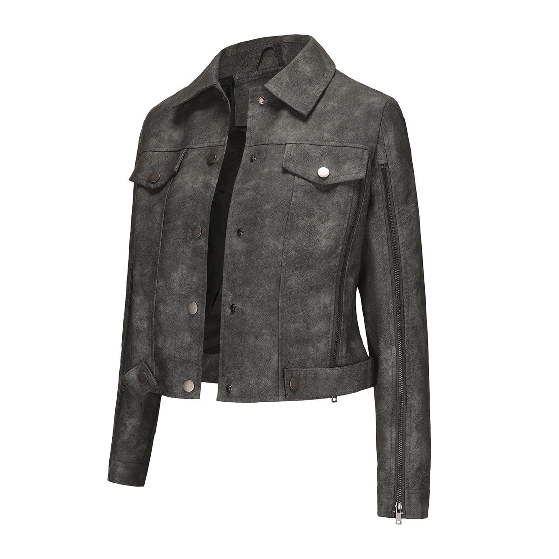 Damen kurze Cropped-Truckerjacke aus Wildlederoptik mit seitlichen Reißverschlüssen und aufgesetzten Brusttaschen – Célinea