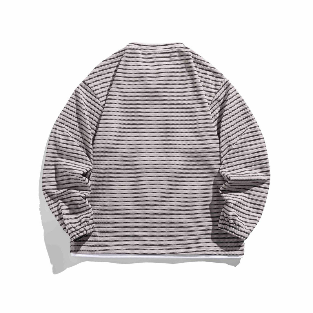 Unisex Gestreifter Waffelstruktur-Pullover mit Schnürverschluss und Raglanärmeln Echoarchiv