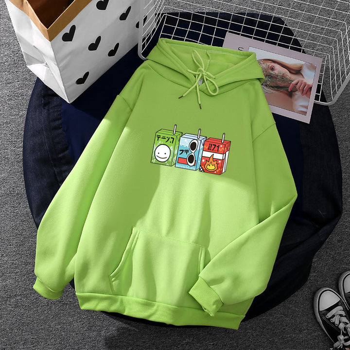 Damen oversized Kapuzenpullover mit Cartoon-Getränkekarton-Print, Kängurutasche und weichem Innenfutter – Auréline