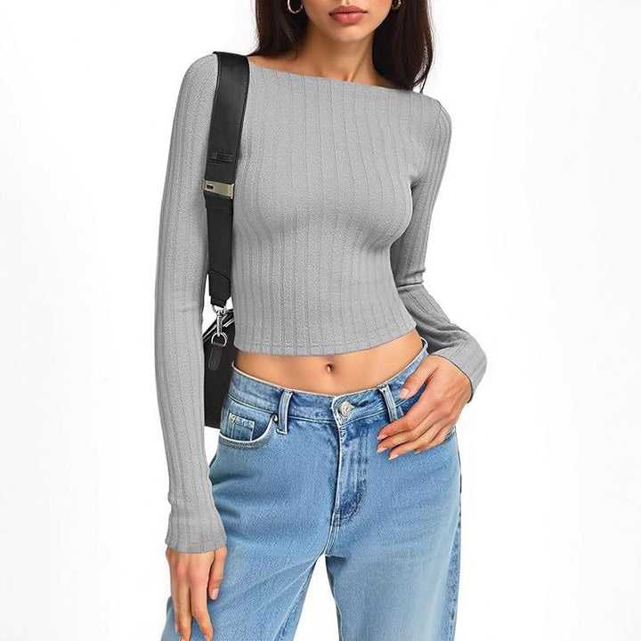 Damen Tailliertes Ripp-Cropped-Longsleeve mit U-Boot-Ausschnitt und Stretch-Baumwollmix Echo Archiv