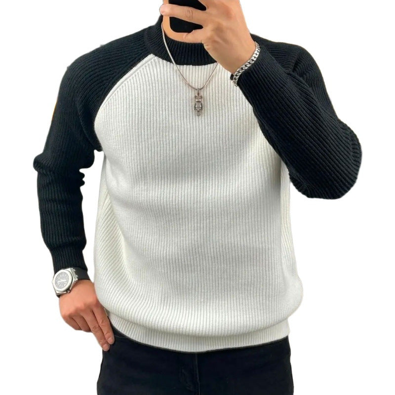 Herren Gerippter Raglan-Pullover mit Kontrastärmeln und kurzem Stehkragen Echoarchiv