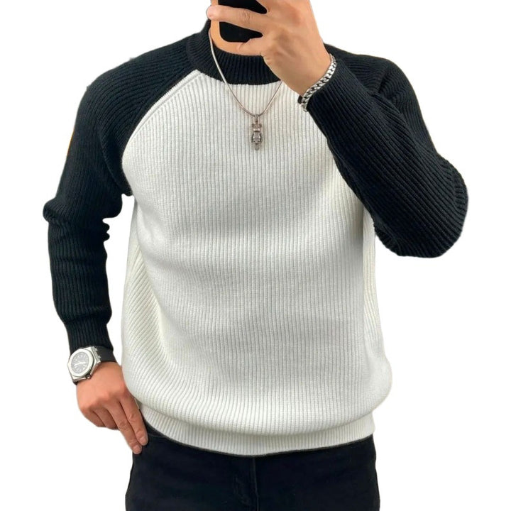 Herren Gerippter Raglan-Pullover mit Kontrastärmeln und kurzem Stehkragen Echoarchiv