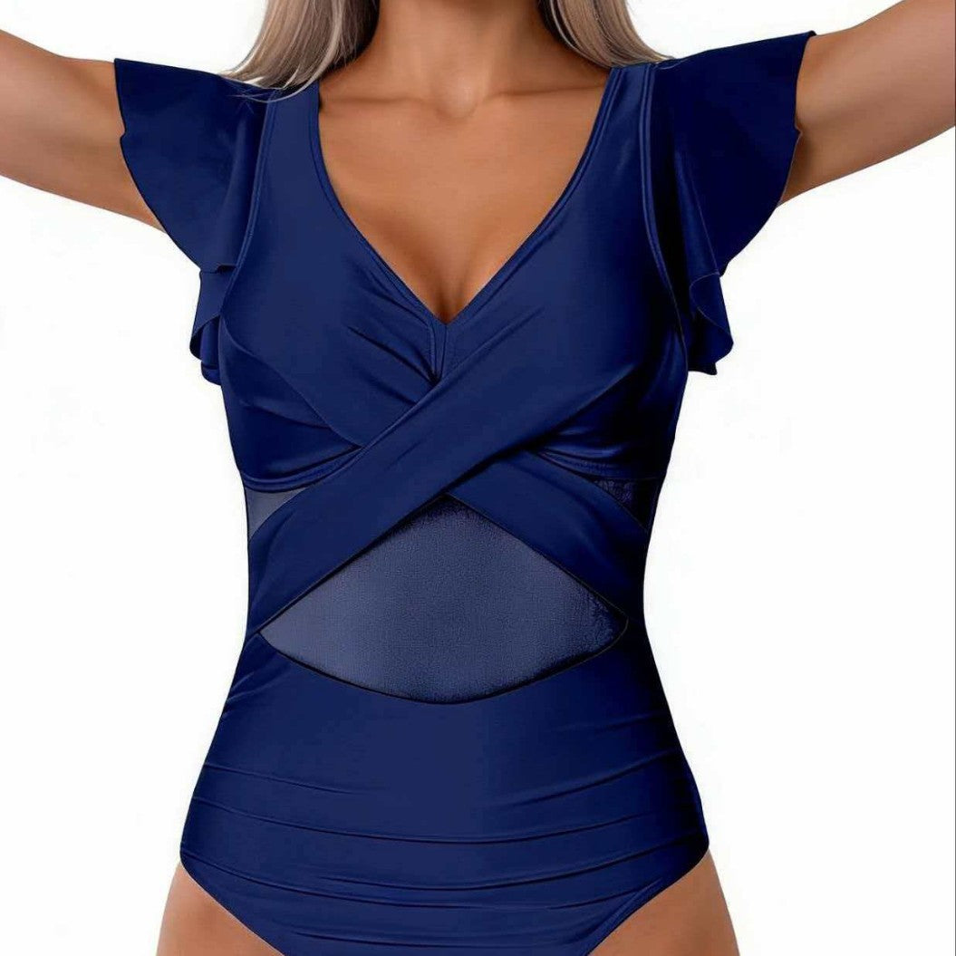 Damen Eleganter Badeanzug mit raffinierten Rüschendetails und transparenter Einsätzen Echo Archiv