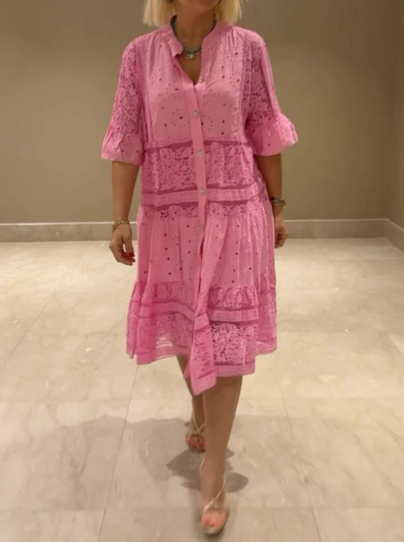 Damen nan Hemdblusen-Midikleid mit Spitzen-Einsätzen, Stufenrock und durchgehender Knopfleiste Echo Archiv
