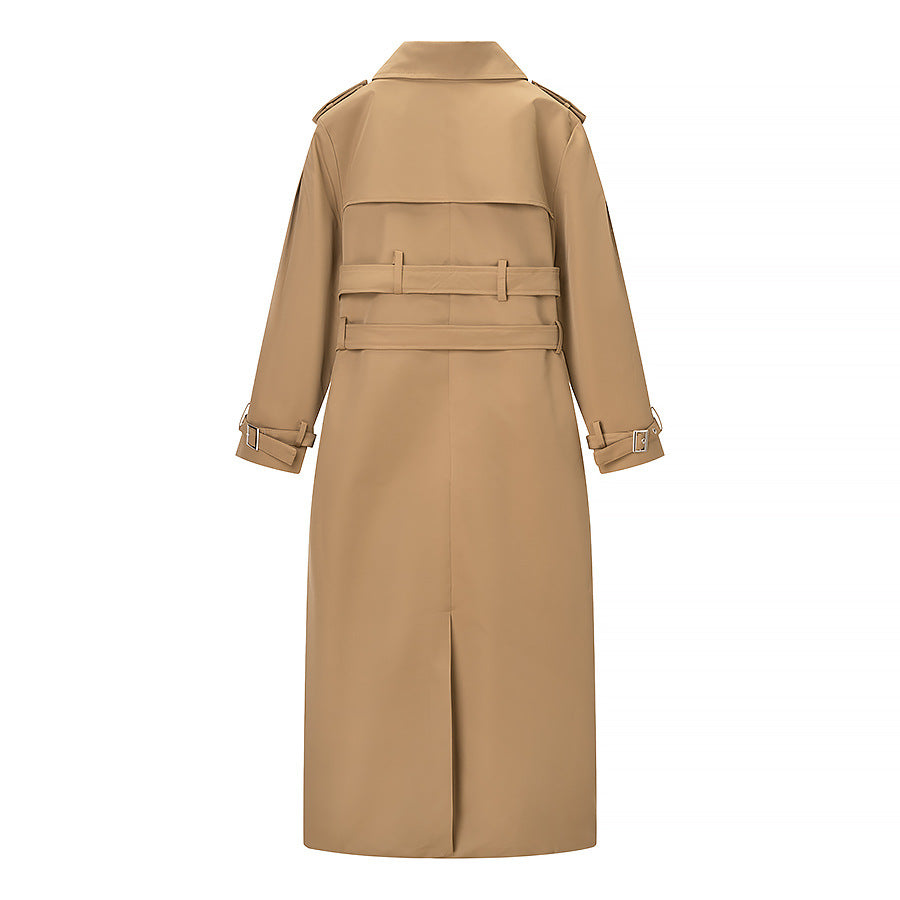 Damen Langer doppelreihiger Trenchcoat mit tailliertem Doppelgürtel, Ballonärmeln und Epauletten Echo Archiv
