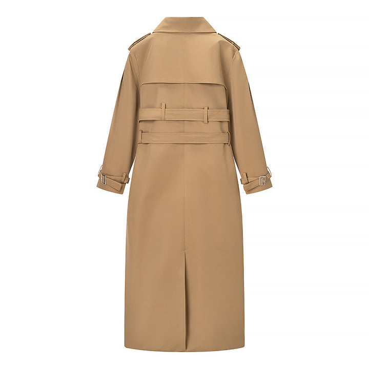 Damen Langer doppelreihiger Trenchcoat mit tailliertem Doppelgürtel, Ballonärmeln und Epauletten Echo Archiv