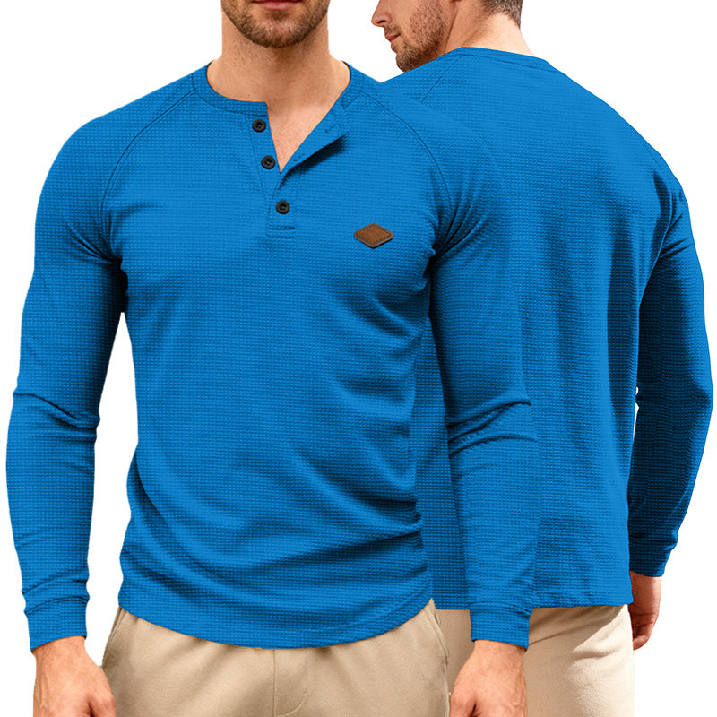 Herren nan Waffelstrick-Henley Langarmshirt mit Raglanärmeln, Halbknopfleiste und Lederlabel Echo Archiv