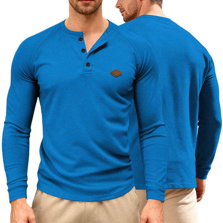 Herren nan Waffelstrick-Henley Langarmshirt mit Raglanärmeln, Halbknopfleiste und Lederlabel Echo Archiv