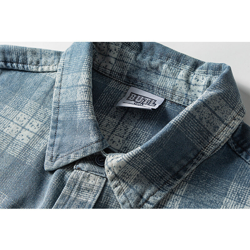 Herren Lockeres Karo-Hemd im Vintage-Denim-Look mit aufgesetzter Brusttasche und Used-Details Echoarchiv