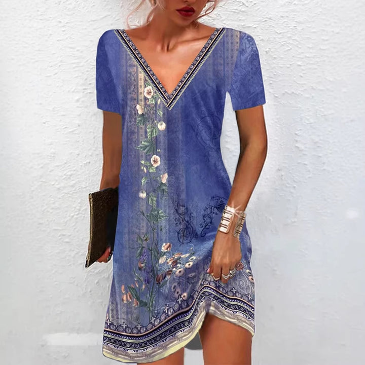 Frauen Floral V-Ausschnitt Tunika Kleid mit Border Print und langen Ärmeln – Lunéa