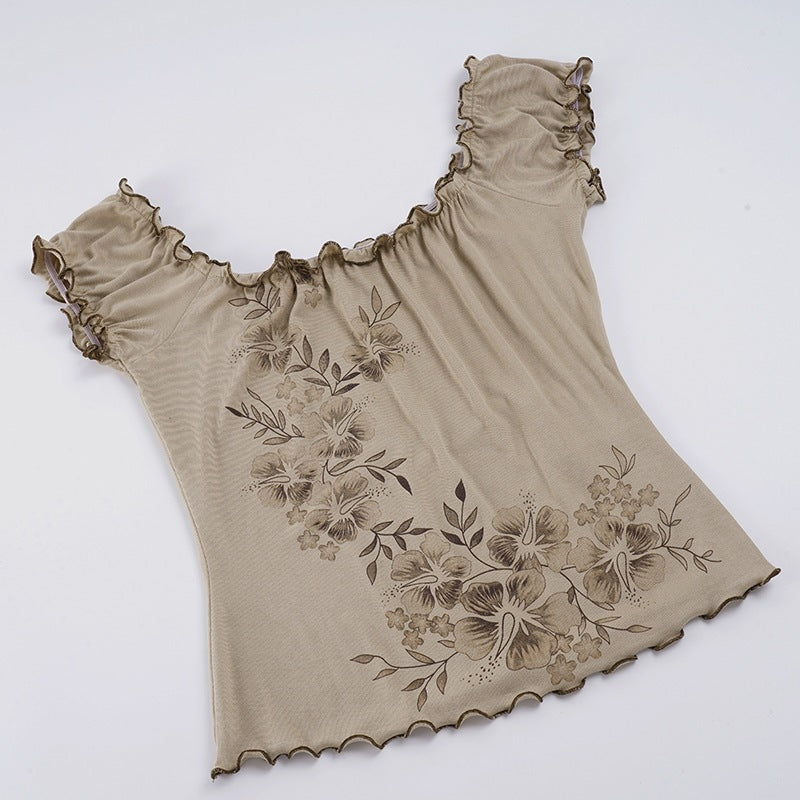 Damen Spitzenhaftes Oberteil mit floralen Details und Rüschensaum Echo Archiv