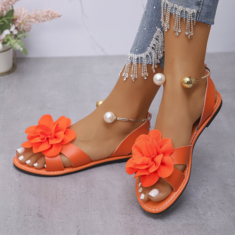 Damen Blumensandalen mit großer 3D-Blütenapplikation und Slingback – Sorelia