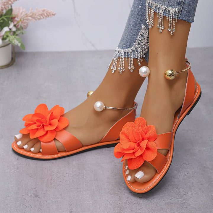 Damen Blumensandalen mit großer 3D-Blütenapplikation und Slingback – Sorelia