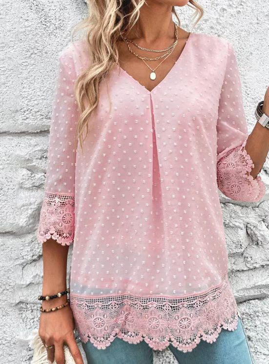 Damen nan feminine Chiffon-Tunika mit Pünktchenrelief, V-Ausschnitt und Häkelspitzenbesatz Echo Archiv