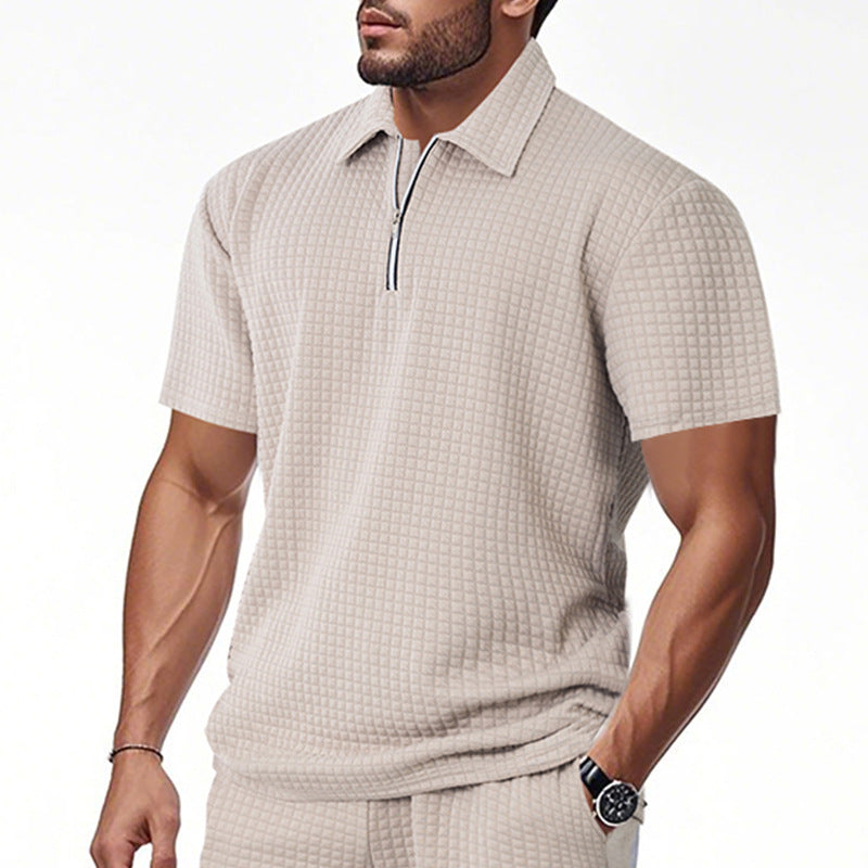 Herren Kurzarm-Henley-Shirt aus strukturierter Baumwollmischung mit Reißverschluss Echoarchiv