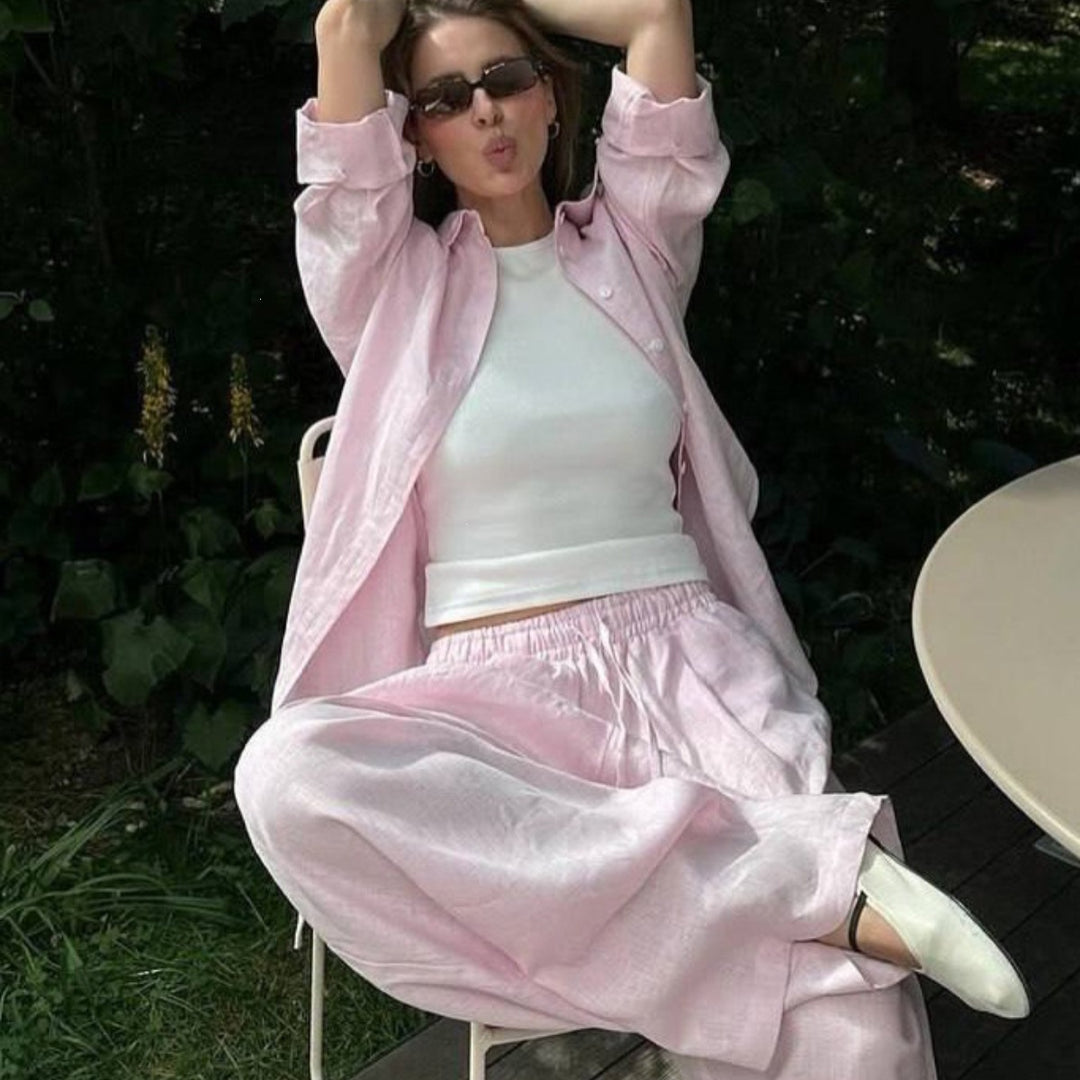 Damen nan luftiges Leinen-Loungeset mit Oversize-Hemd und weiter Bundhose mit Gummizug Echo Archiv
