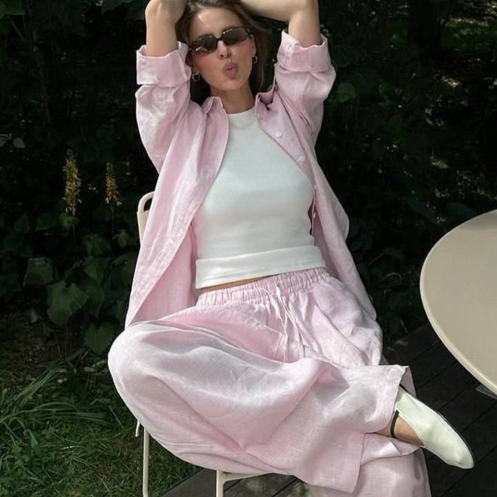 Damen nan luftiges Leinen-Loungeset mit Oversize-Hemd und weiter Bundhose mit Gummizug Echo Archiv