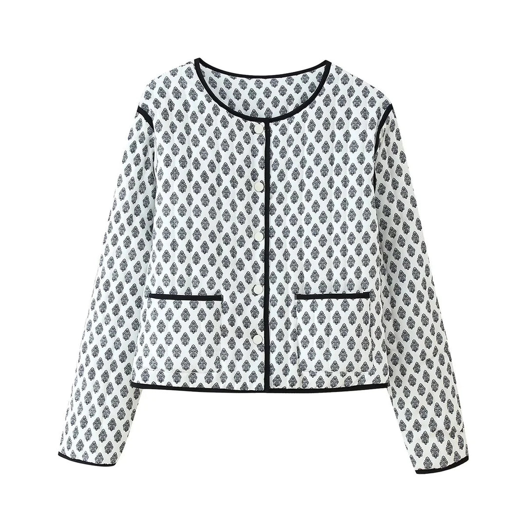 Damen gesteppte Kurzjacke mit Rundhalsausschnitt, Druckknöpfen und Kontrastpaspel – Célinea