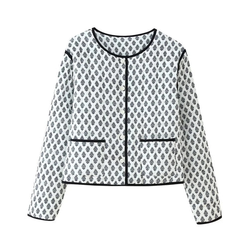 Damen gesteppte Kurzjacke mit Rundhalsausschnitt, Druckknöpfen und Kontrastpaspel – Célinea