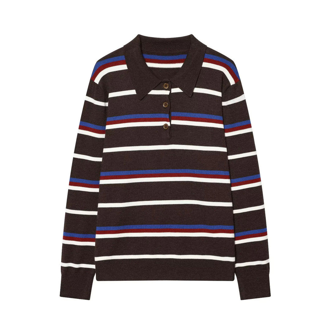Damen gestreifter Poloshirt-Pullover mit Troyerkragen und dezenter Knopfleiste – Mavelle
