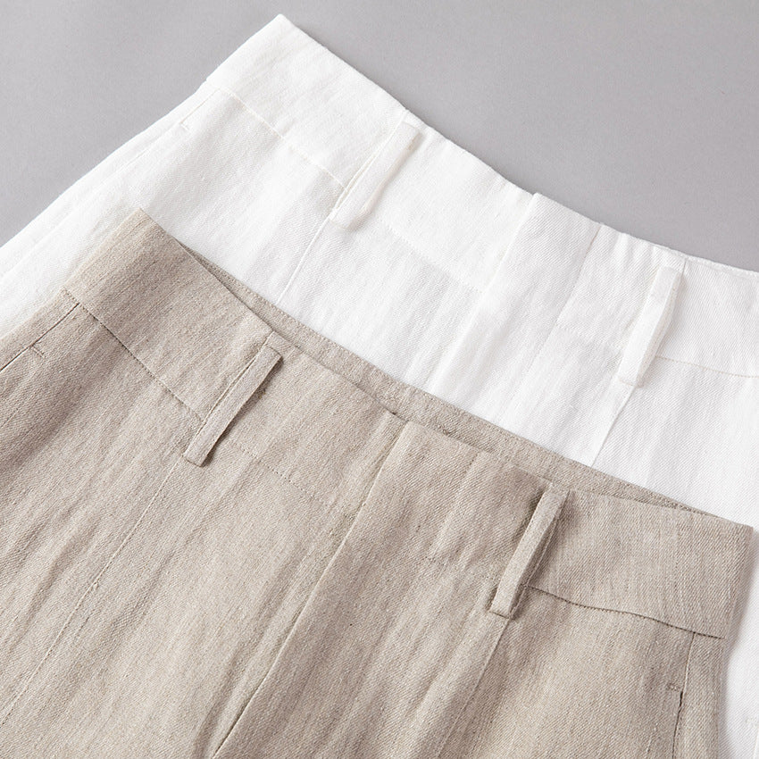Damen Hochtaillierte Leinenhose mit weitem Bein, Bügelfalte und Gürtelschlaufen Echoarchiv