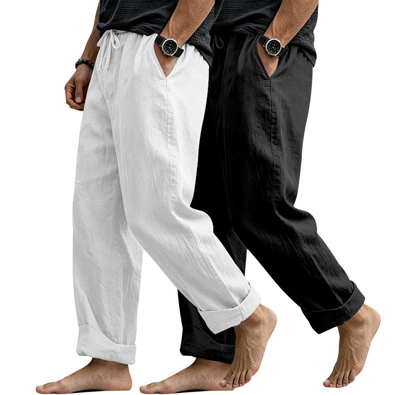 Herren Leinenmix-Loungehose mit elastischem Bund, Kordelzug und lockerer Passform Echoarchiv