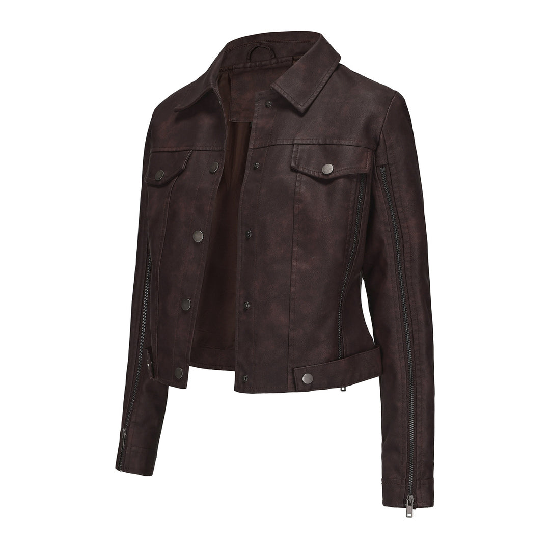 Damen nan kurze Cropped-Truckerjacke aus Wildlederoptik mit seitlichen Reißverschlüssen und aufgesetzten Brusttaschen Echo Archiv