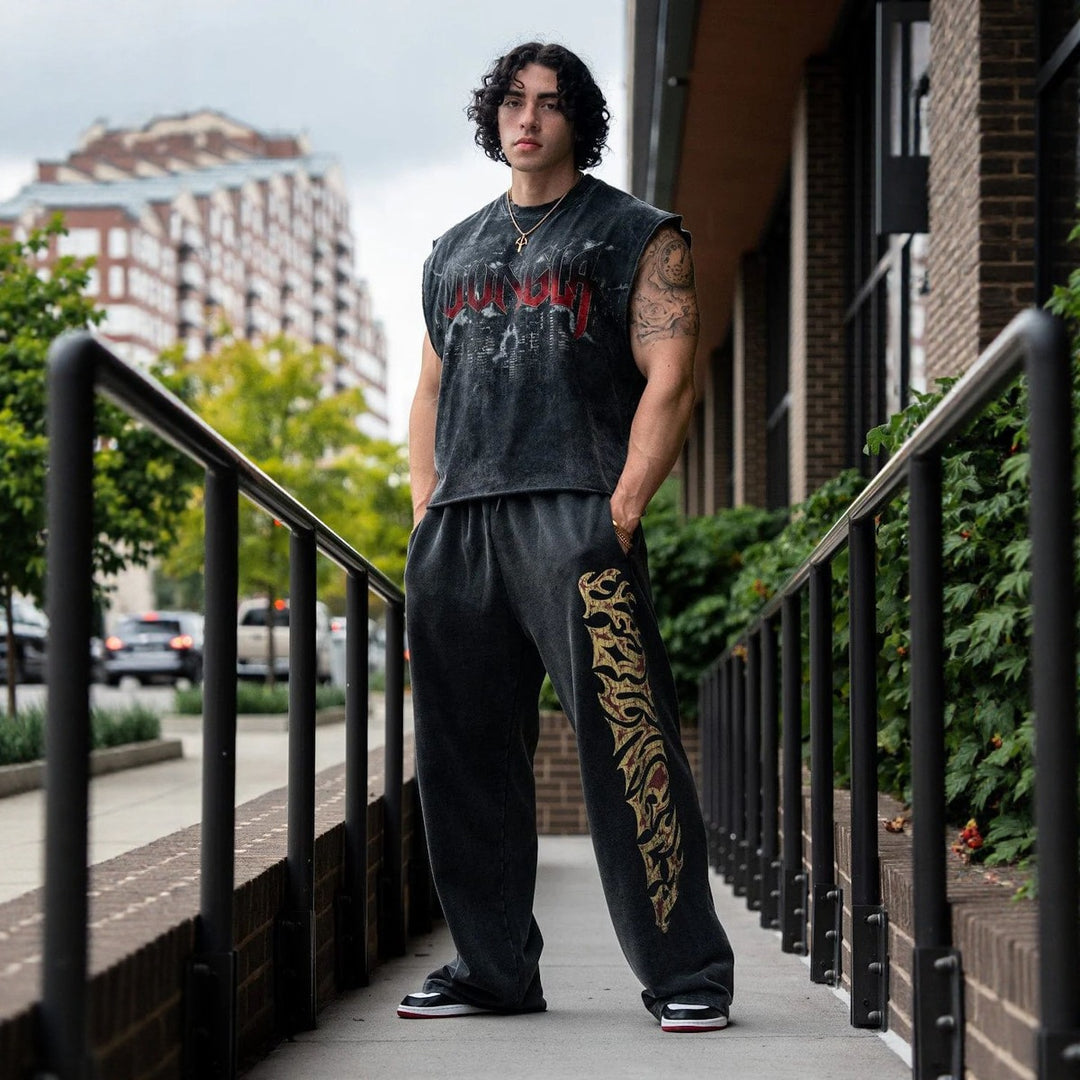 Herren nan weite Jogginghose mit elastischem Bund, Seitentaschen und detailreichem Schädel- und Rosenmotiv Echo Archiv