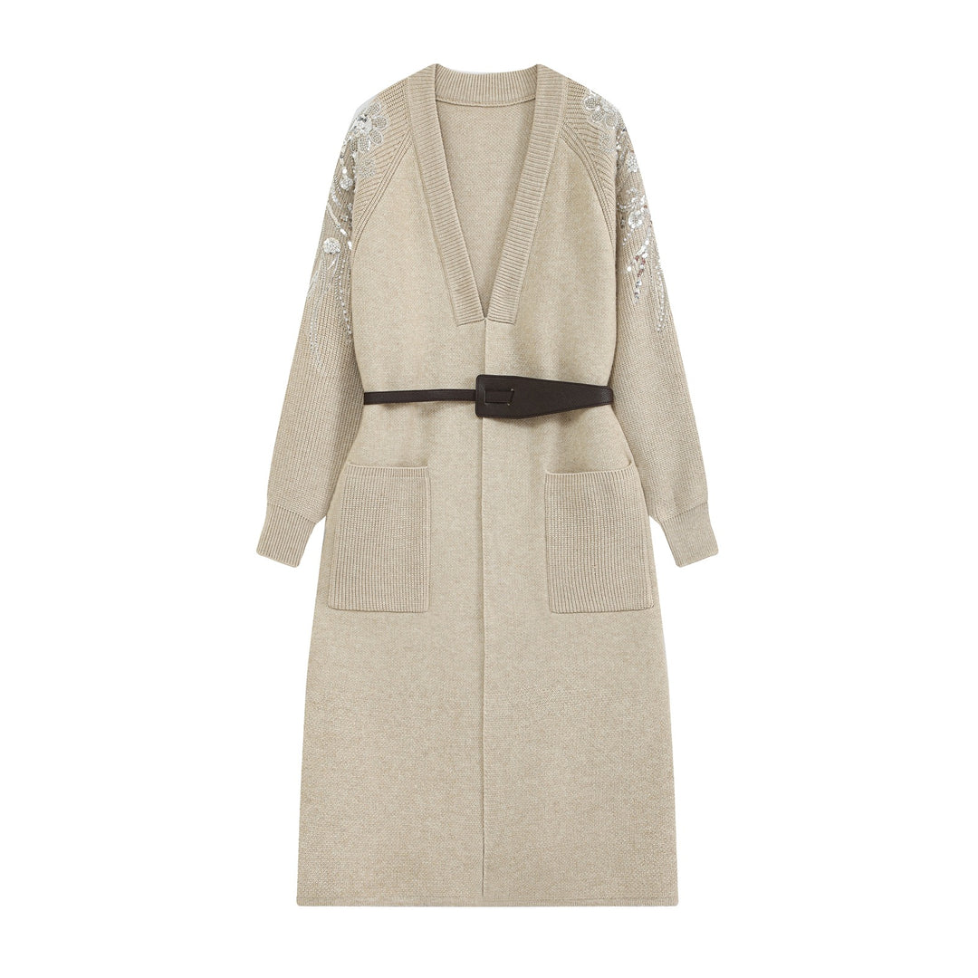 Damen Strick-Midikleid mit tiefem V-Ausschnitt, Taillengürtel und paillettenverzierten Ärmeln Echoarchiv