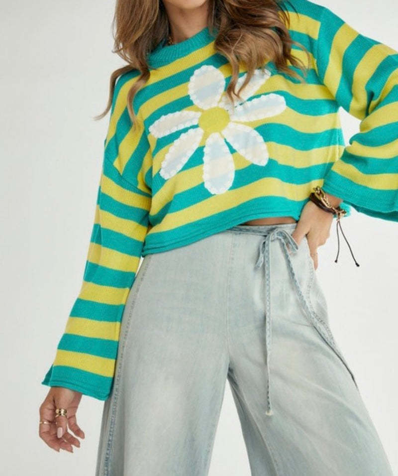 Damen Modischer gestreifter Crop-Pullover mit Blumenmuster – Mavelle