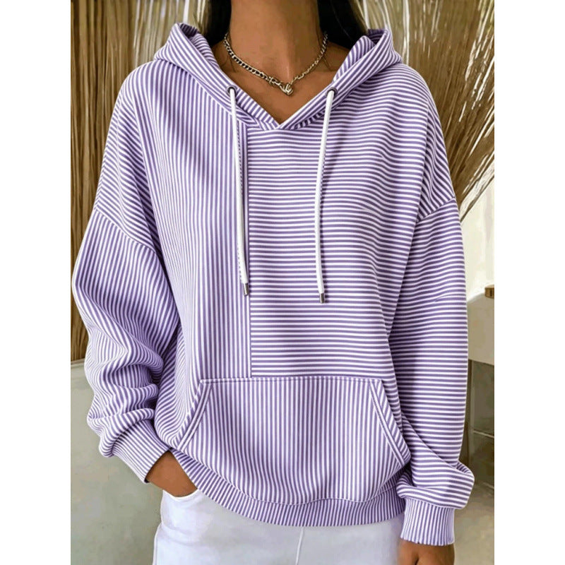Damen Oversize Kapuzenpullover mit feinem Streifenprint, Kängurutasche und V-Ausschnitt-Kapuze – Auréline