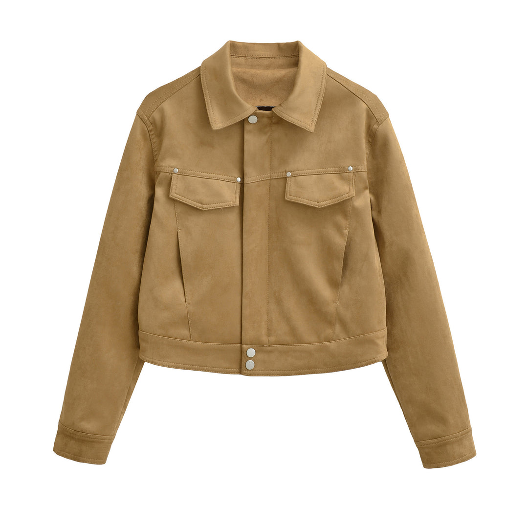 Damen Kurze Velours-Optik Jacke mit Druckknopf-Leiste und aufgesetzten Brusttaschen Echoarchiv