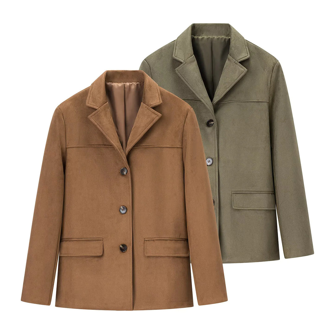 Damen kurzer Wollblend-Blazer-Mantel mit geradem Schnitt, Reverskragen und Pattentaschen – Valéne