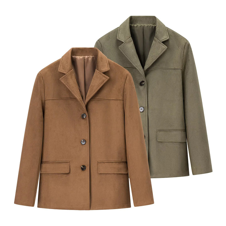 Damen kurzer Wollblend-Blazer-Mantel mit geradem Schnitt, Reverskragen und Pattentaschen – Valéne