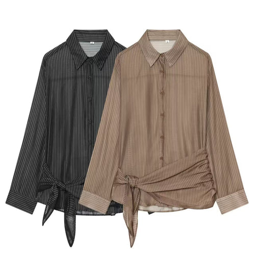 Damen Nadelstreifen-Seidenoptik-Bluse mit seitlicher Knotendetail Echoarchiv