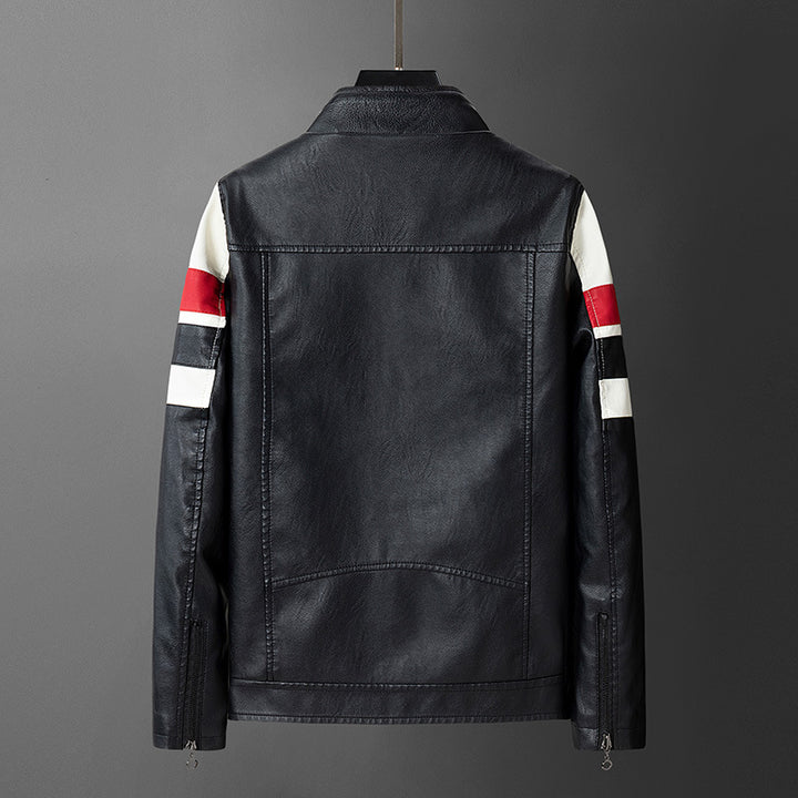 Herren Kunstlederjacke mit sportlichem Design und kontrastierenden Streifen Echoarchiv