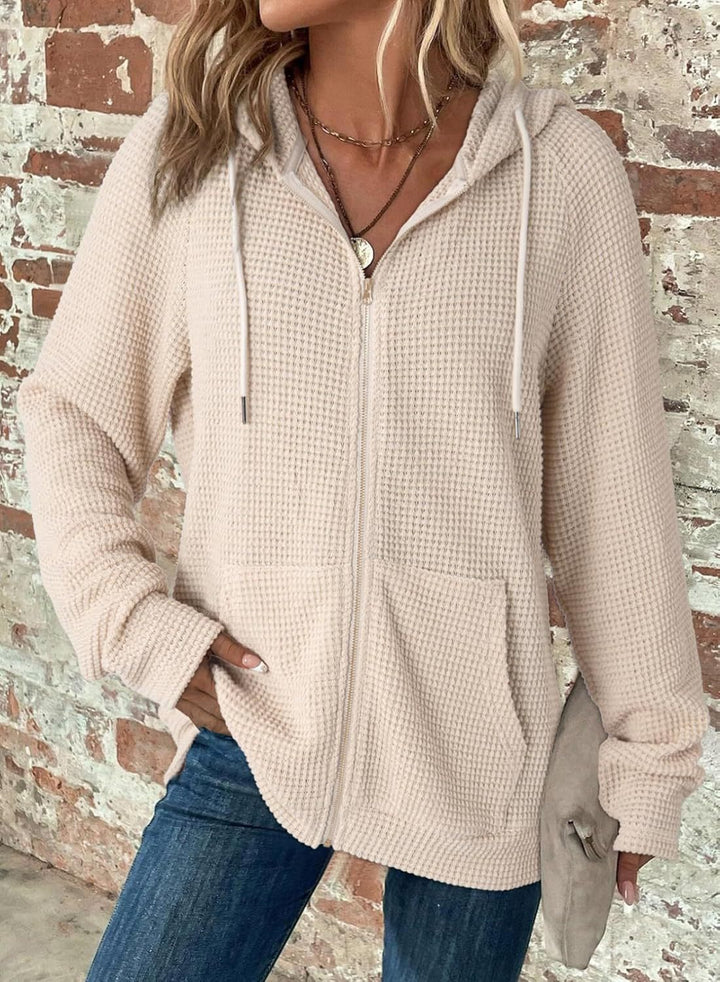 Damen Waffelstrick-Kapuzenjacke mit Reißverschluss, Kängurutaschen und entspannter Silhouette Echoarchiv