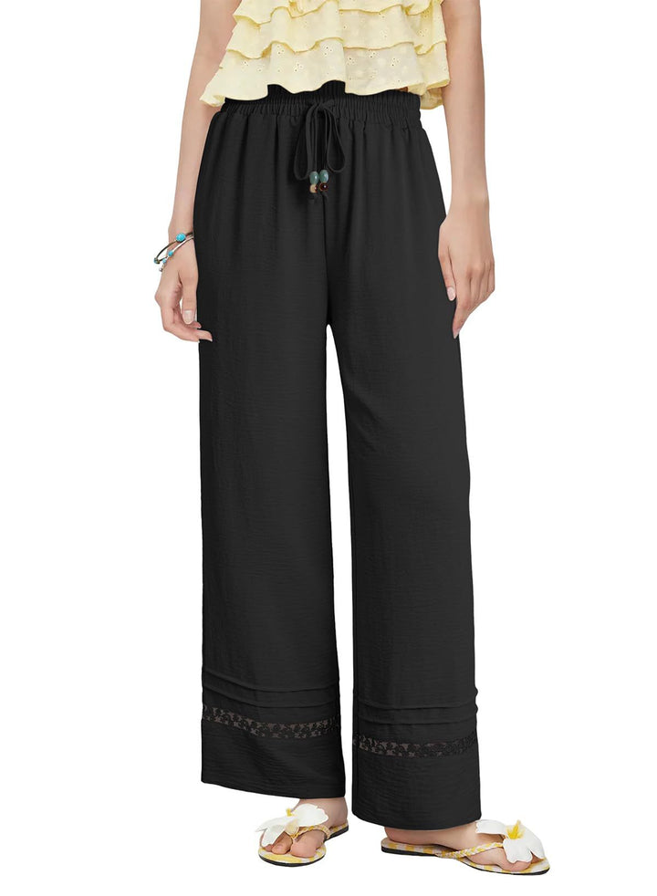 Damen Weite Leinenoptik-Hose mit hohem Gummibund, Bindekordel und Spitzeneinsatz Echo Archiv