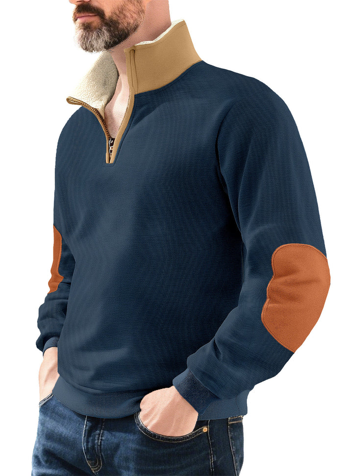 Herren Mikrofleece-Pullover mit Stehkragen und kontrastierenden Ellbogen-Patches Echoarchiv