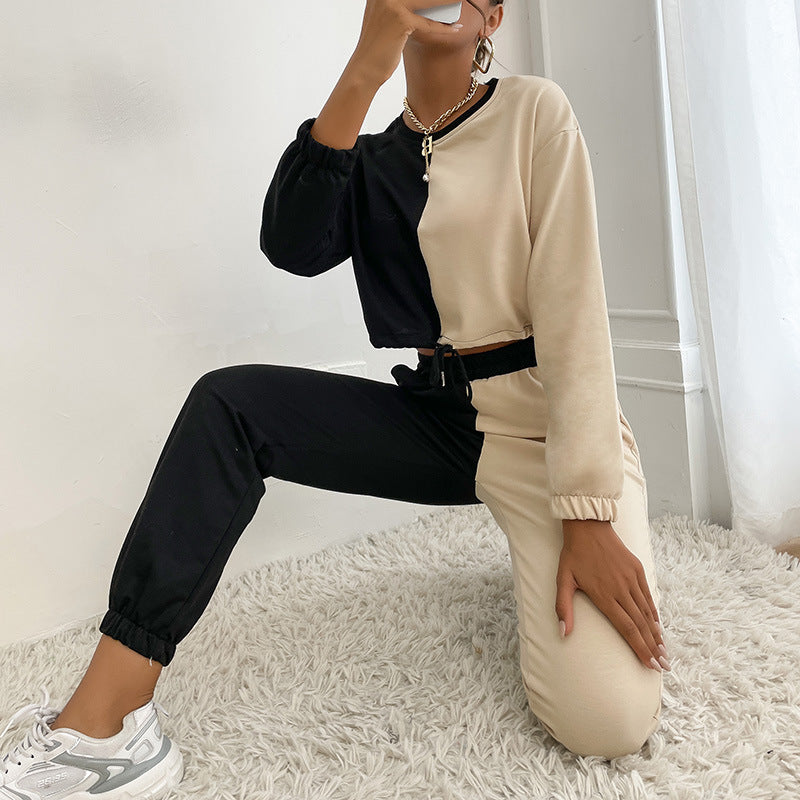 Damen Zweifarbiges Cropped-Jogging-Set mit Tunnelzug, elastischen Bündchen und Boxy-Schnitt Echoarchiv