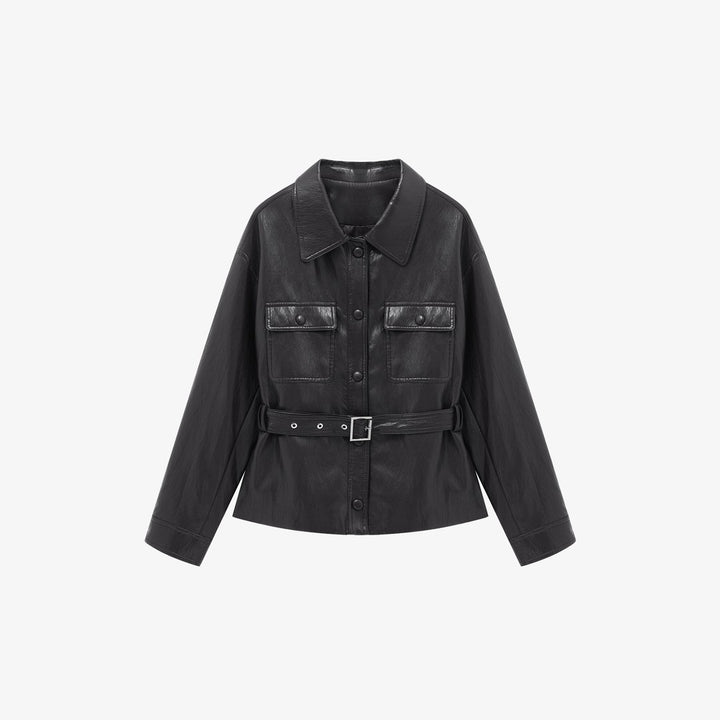 Damen Lederjacke im Oversize-Utility-Stil mit Taillengürtel Echoarchiv