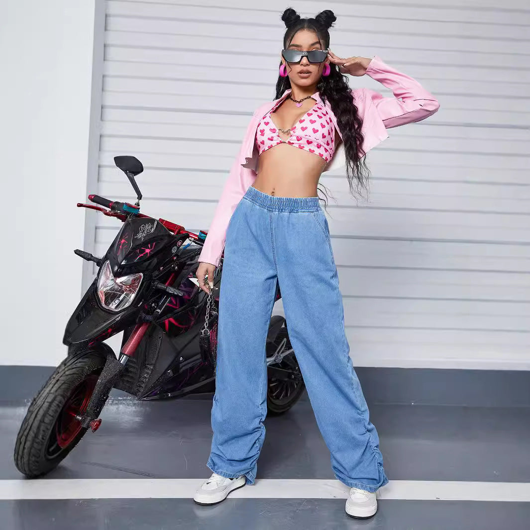 Damen Weite Denim-Hose mit elastischem Bund und gerafften Säumen Echo Archiv