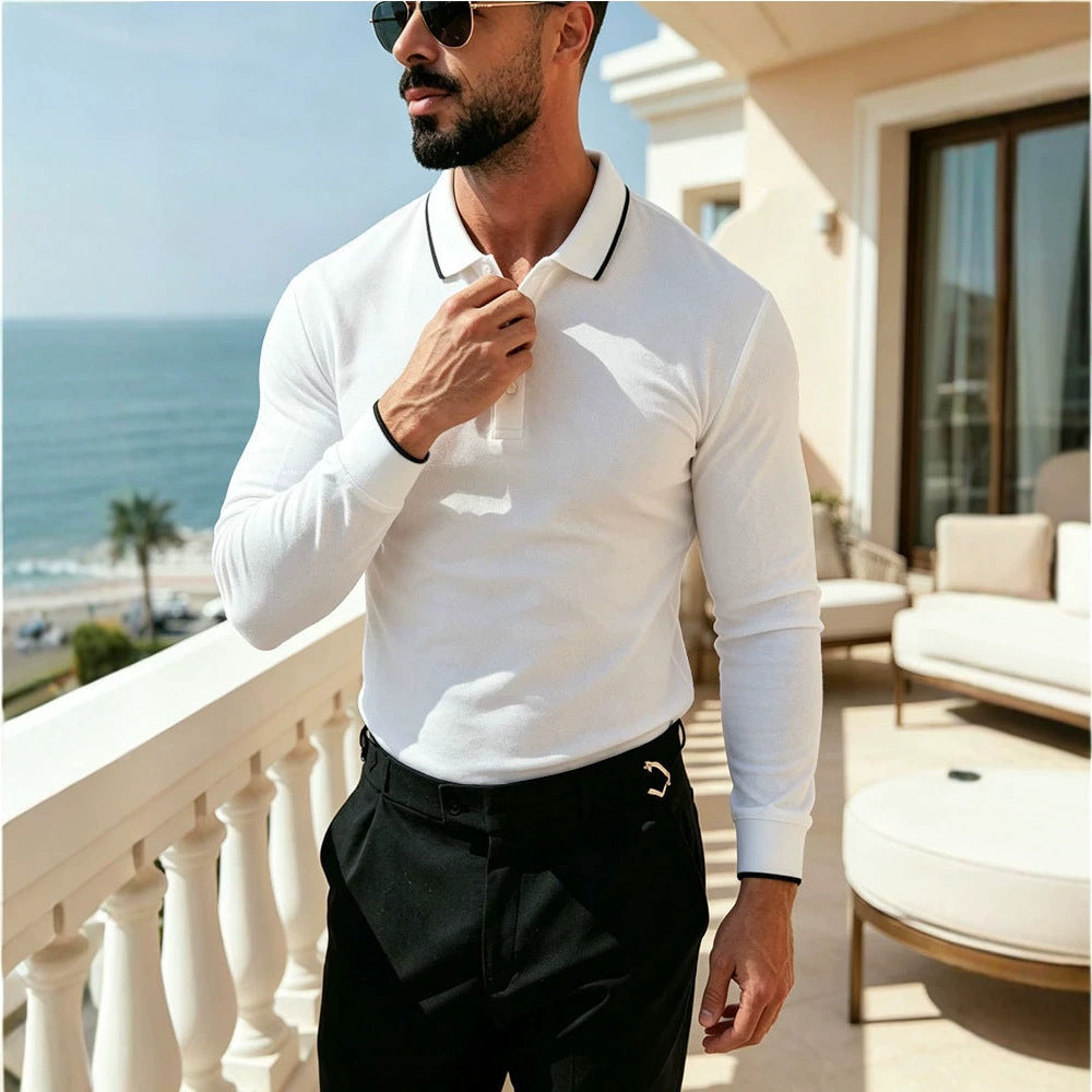 Herren Langärmeliges Funktions-Poloshirt mit Piquéstruktur und Kontrastkragen – Cavello