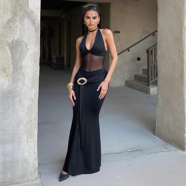 Damen Maxikleid mit durchscheinendem Oberteil und dekorativem Gürtel Echo Archiv