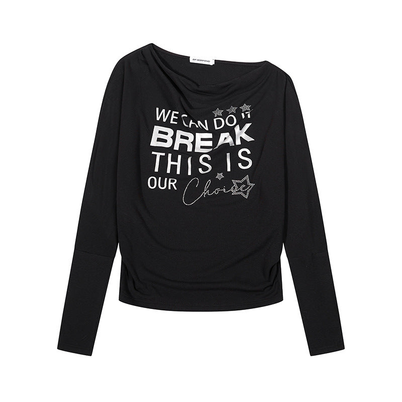 Damen Weiches Langarmshirt mit Wasserfallausschnitt, Statement-Print und Strassapplikationen Echoarchiv