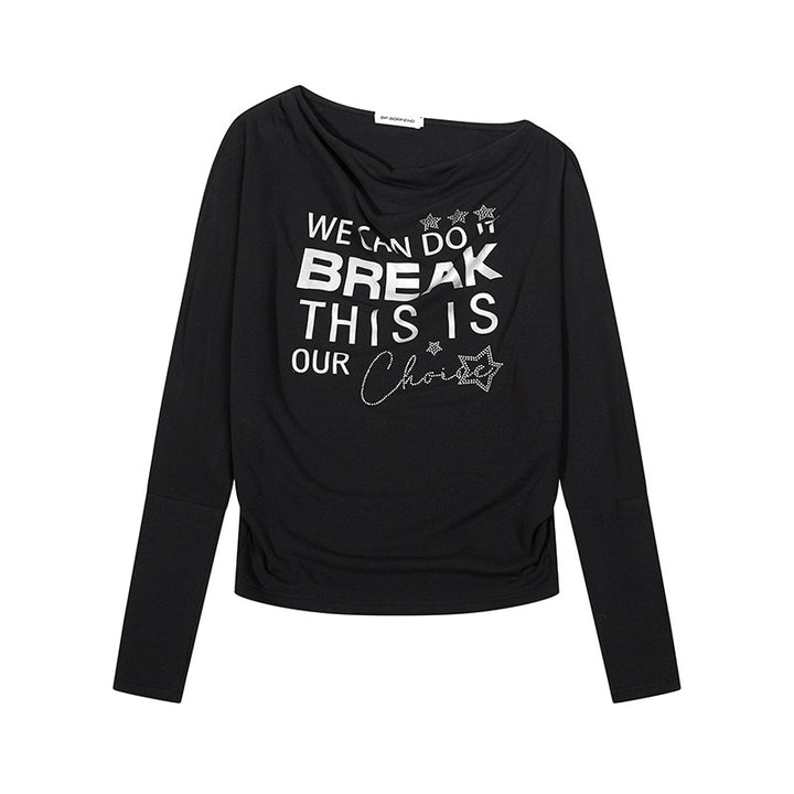 Damen Weiches Langarmshirt mit Wasserfallausschnitt, Statement-Print und Strassapplikationen Echoarchiv