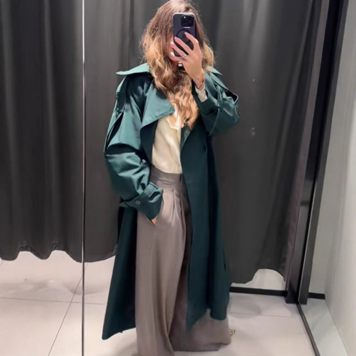 Damen Langer wasserabweisender Trenchcoat mit Taillengürtel und hohem Stehkragen Echoarchiv